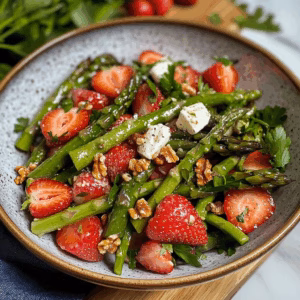 Ein farbenfroher Genuss für den Frühling! Dieser Grüner Spargel Erdbeer Salat vereint zarten Spargel mit süßen Erdbeeren und einem erfrischenden Dressing. Ideal als leichte Vorspeise oder als Beilage zu Grillabenden. Perfekt für gesunde Sommergerichte!