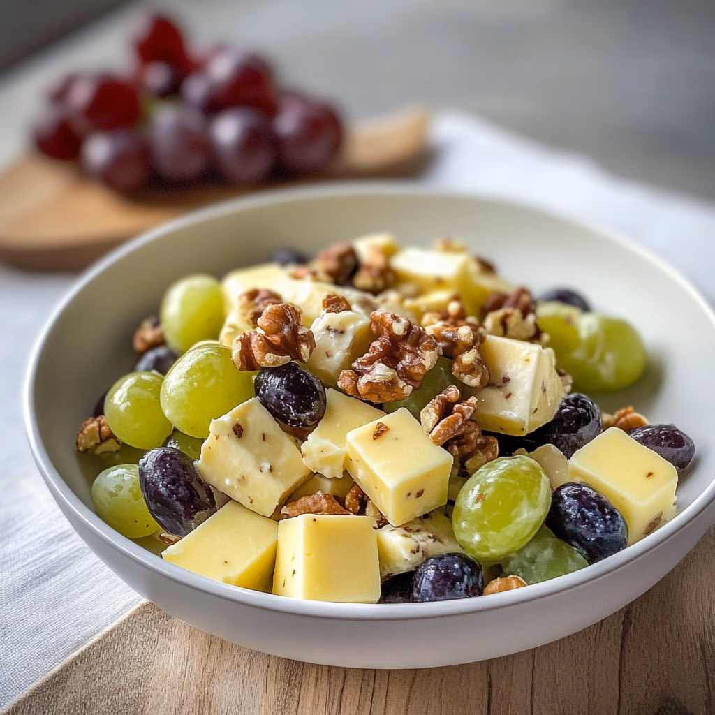 Frischer Käse-Trauben-Salat mit knusprigen Walnüssen – ein echter Hochgenuss! Cremiger Käse kombiniert mit süßen Trauben und knackigen Nüssen. Ideal für ein leichtes Mittagessen oder als Beilage zum Grillen. Perfekt für deine nächste Feier!