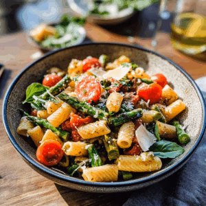 Mediterraner Pasta-Spargel-Salat – frisch und voller Geschmack! Zarte Spargelstücke, bunte Tomaten und leckere Oliven, vereint in einer leichten Vinaigrette. Ideal für ein leichtes Mittagessen oder als Beilage beim Grillen. Perfekt für den Sommer!