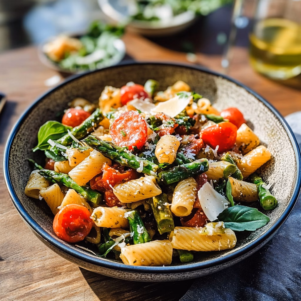 Mediterraner Pasta-Spargel-Salat – frisch und voller Geschmack! Zarte Spargelstücke, bunte Tomaten und leckere Oliven, vereint in einer leichten Vinaigrette. Ideal für ein leichtes Mittagessen oder als Beilage beim Grillen. Perfekt für den Sommer!