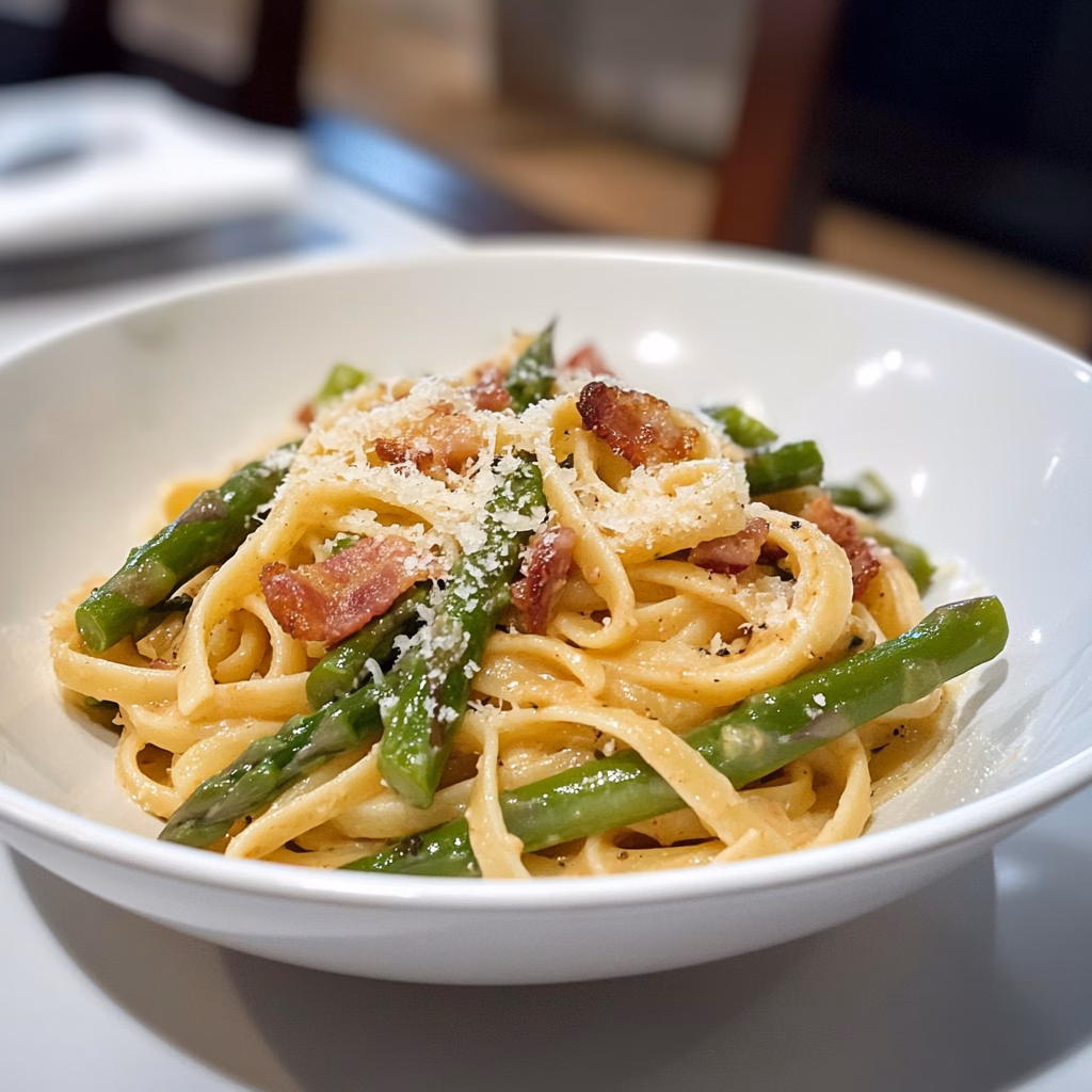 Ein Traum für Feinschmecker! 🍝 Zarte Pasta vereint mit knusprigem Speck, frischem Spargel und würzigem Parmesan – ein perfektes Geschmackserlebnis! Ideal für ein schnelles, stilvolles Abendessen mit Freunden. Speichern und nachkochen!